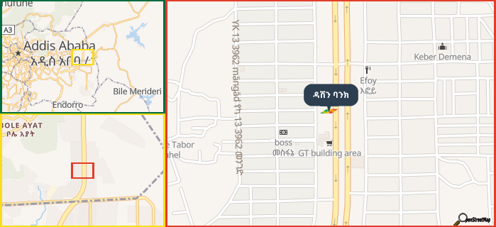 Map showing the address of ዳሽን ባንክ in three different zoom levels.