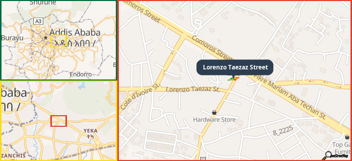 Map showing the address of Lorenzo Taezaz Street in three different zoom levels.