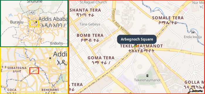 Map showing the address of Arbegnoch Square in three different zoom levels.