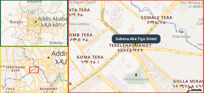 Map showing the address of Gobena Aba Tigu Street in three different zoom levels.