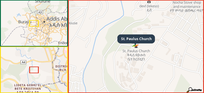 Map showing the address of St. Paulus Church in three different zoom levels.