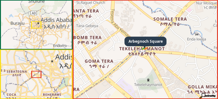Map showing the address of Arbegnoch Square in three different zoom levels.
