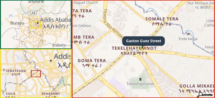 Map showing the address of Gaston Guez Street in three different zoom levels.