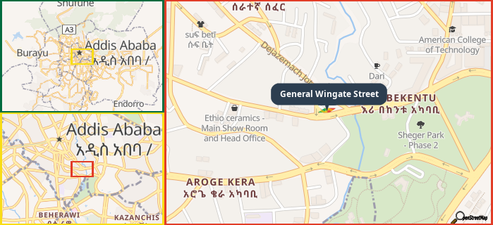 Map showing the address of General Wingate Street in three different zoom levels.