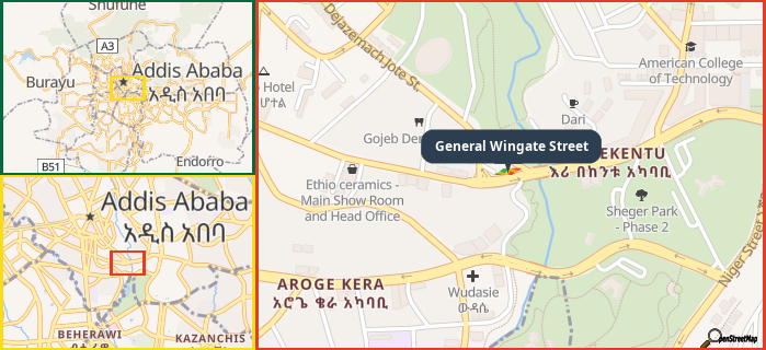 Map showing the address of General Wingate Street in three different zoom levels.
