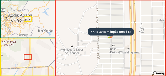 Map showing the address of YK 13 3945 mängäd (Road 8) in three different zoom levels.