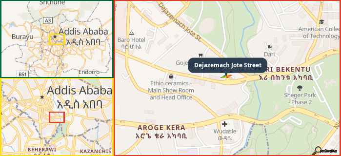 Map showing the address of Dejazemach Jote Street in three different zoom levels.