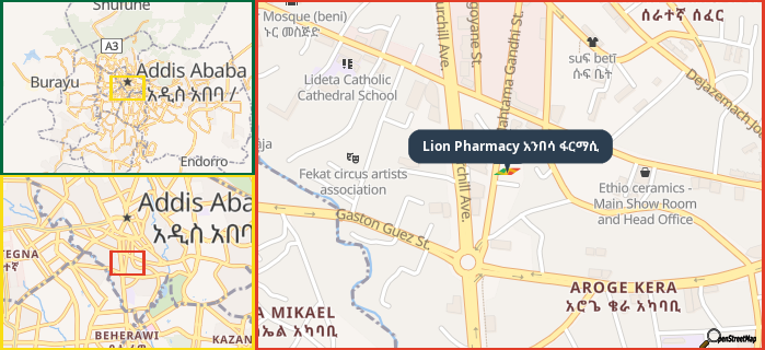 Map showing the address of Lion Pharmacy አንበሳ ፋርማሲ in three different zoom levels.