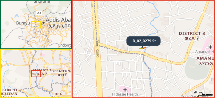 Map showing the address of LD_02_0279 St. in three different zoom levels.