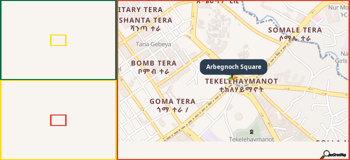Map showing the address of Arbegnoch Square in three different zoom levels.