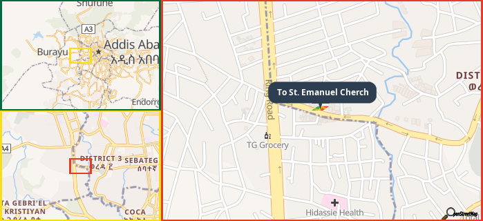 Map showing the address of To St. Emanuel Cherch in three different zoom levels.