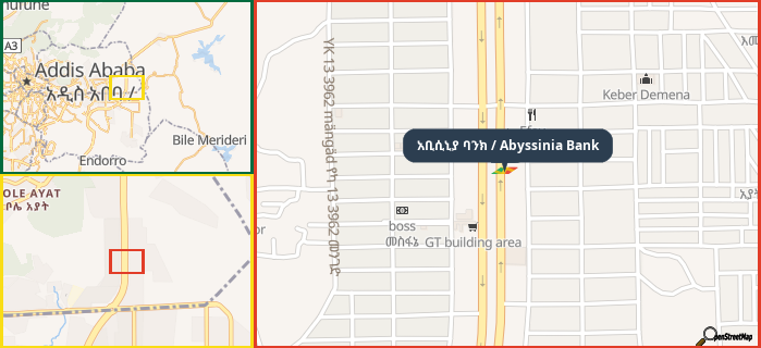 Map showing the address of አቢሲኒያ ባንክ / Abyssinia Bank in three different zoom levels.