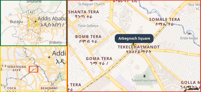 Map showing the address of Arbegnoch Square in three different zoom levels.