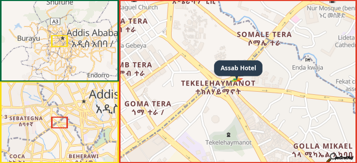 Map showing the address of Assab Hotel in three different zoom levels.