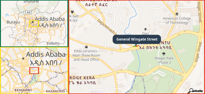 Map showing the address of General Wingate Street in three different zoom levels.