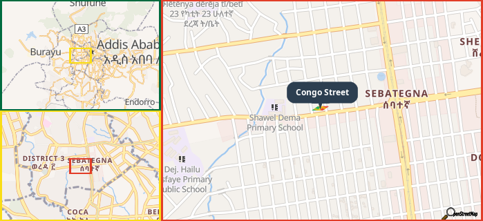 Map showing the address of Congo Street in three different zoom levels.