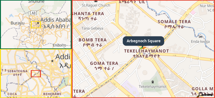 Map showing the address of Arbegnoch Square in three different zoom levels.