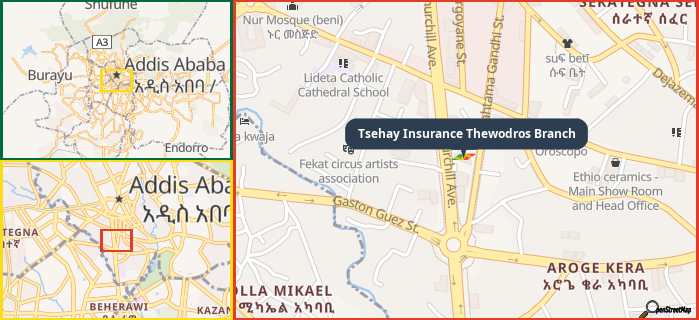 Map showing the address of Tsehay Insurance Thewodros Branch in three different zoom levels.