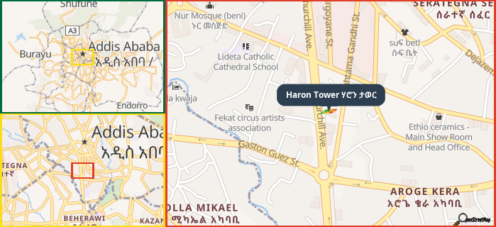 Map showing the address of Haron Tower ሃሮን ታወር in three different zoom levels.