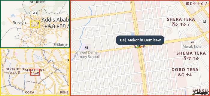 Map showing the address of Dej. Mekonin Demisaw in three different zoom levels.