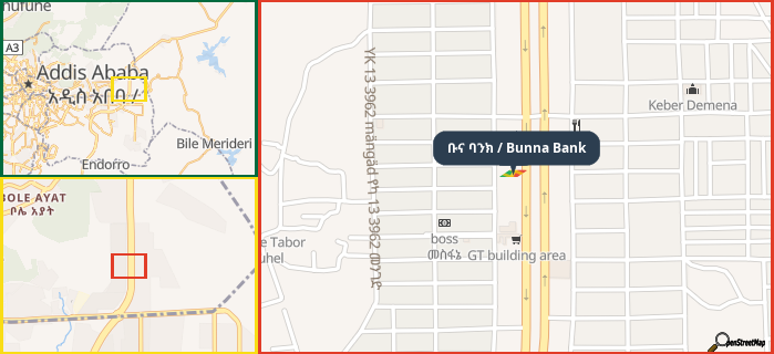 Map showing the address of ቡና ባንክ / Bunna Bank in three different zoom levels.