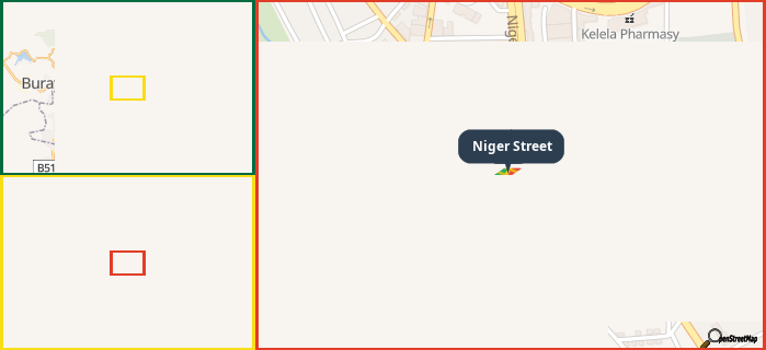 Map showing the address of Niger Street in three different zoom levels.