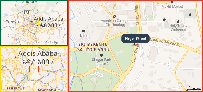 Map showing the address of Niger Street in three different zoom levels.