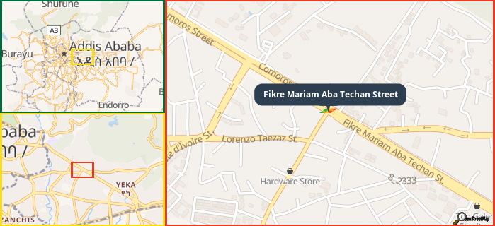 Map showing the address of Fikre Mariam Aba Techan Street in three different zoom levels.