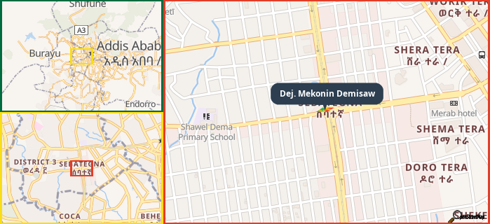 Map showing the address of Dej. Mekonin Demisaw in three different zoom levels.