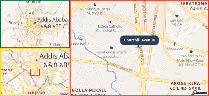 Map showing the address of Churchill Avenue in three different zoom levels.