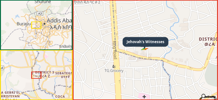 Map showing the address of Jehovah's Witnesses in three different zoom levels.