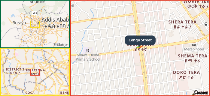 Map showing the address of Congo Street in three different zoom levels.