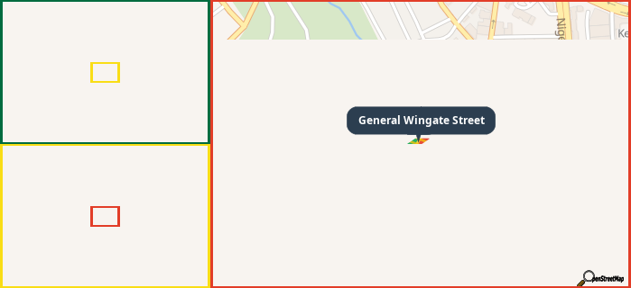 Map showing the address of General Wingate Street in three different zoom levels.