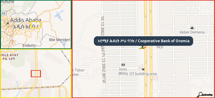 Map showing the address of ኦሮሚያ ሕብረት ሥራ ባንክ / Cooperative Bank of Oromia in three different zoom levels.