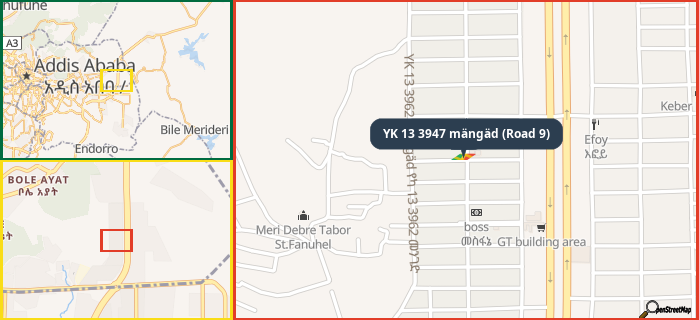 Map showing the address of YK 13 3947 mängäd (Road 9) in three different zoom levels.