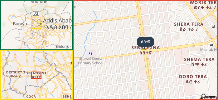 Map showing the address of ሰባተኛ in three different zoom levels.