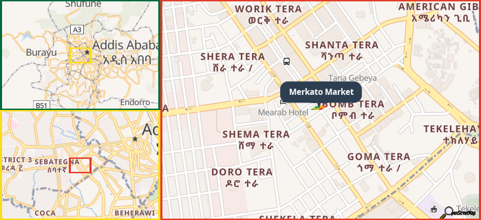 Map showing the address of Merkato Market in three different zoom levels.