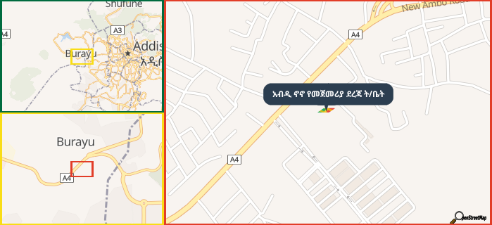 Map showing the address of አብዲ ኖኖ የመጀመሪያ ደረጃ ት/ቤት in three different zoom levels.