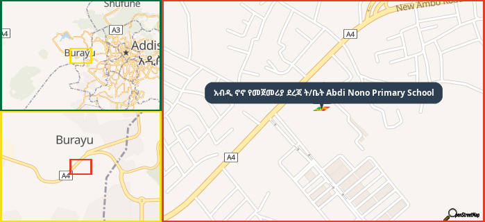 Map showing the address of አብዲ ኖኖ የመጀመሪያ ደረጃ ት/ቤት Abdi Nono Primary School in three different zoom levels.