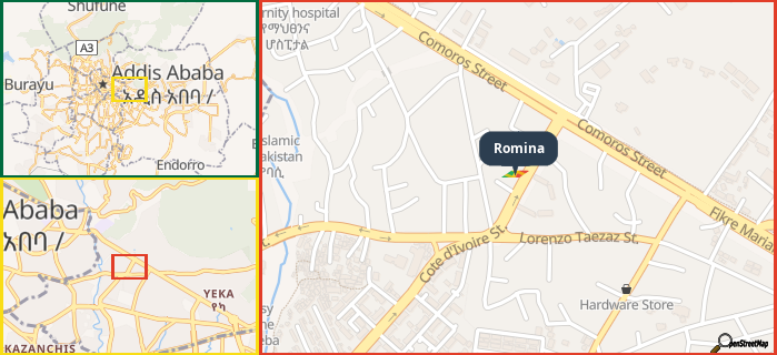 Map showing the address of Romina in three different zoom levels.