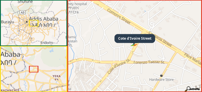 Map showing the address of Cote d'Ivoire Street in three different zoom levels.