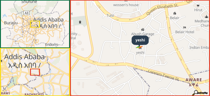 Map showing the address of yeshi in three different zoom levels.