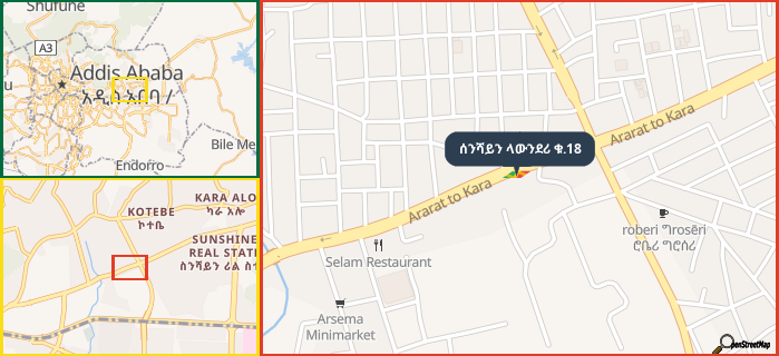Map showing the address of ሰንሻይን ላውንደሪ ቁ.18 in three different zoom levels.