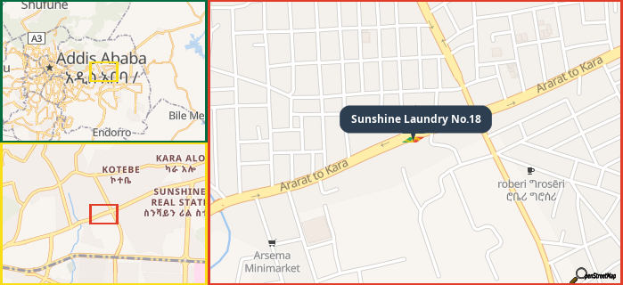 Map showing the address of Sunshine Laundry No.18 in three different zoom levels.