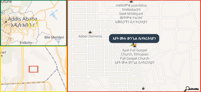 Map showing the address of አያት ሙሉ ወንጌል ቤተክርስቲያን in three different zoom levels.