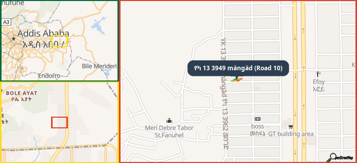 Map showing the address of የካ 13 3949 mängäd (Road 10) in three different zoom levels.