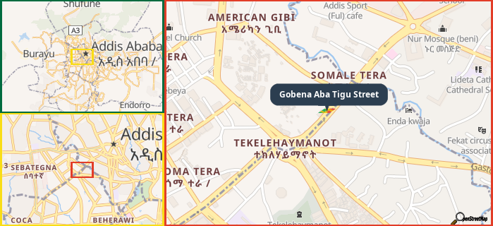 Map showing the address of Gobena Aba Tigu Street in three different zoom levels.