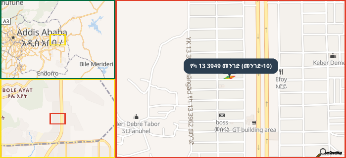 Map showing the address of የካ 13 3949 መንገድ (መንገድ፡10) in three different zoom levels.