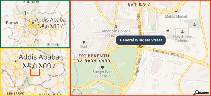 Map showing the address of General Wingate Street in three different zoom levels.