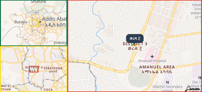 Map showing the address of ወረዳ ፫ in three different zoom levels.